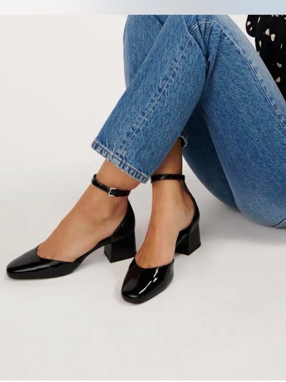 Reformation Black Patent Ankle-Strap Block Heels